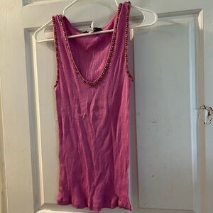 Express Magenta Beaded V-Neck Tank Top